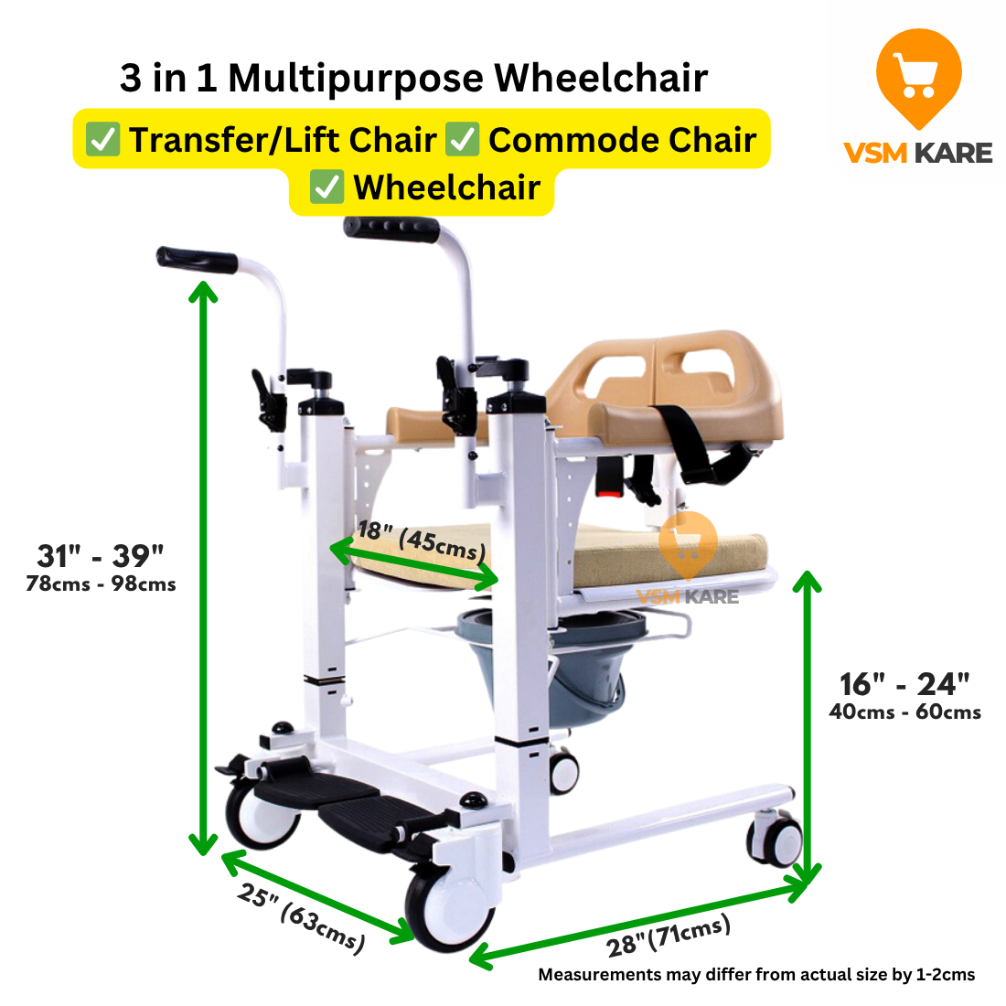 3-in-1 multipurpose lift and transfer wheelchair with dimensions and features highlighted, branded as VSM KARE.