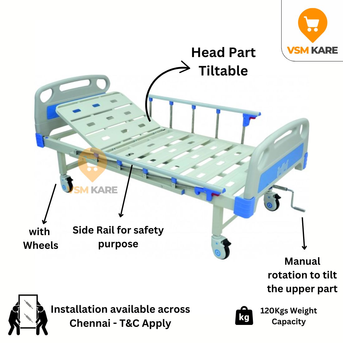 Premium Semi fowler Cot with Wheels for Home/Hospital with ABS Side railing & IV Stand (Manual Cots)